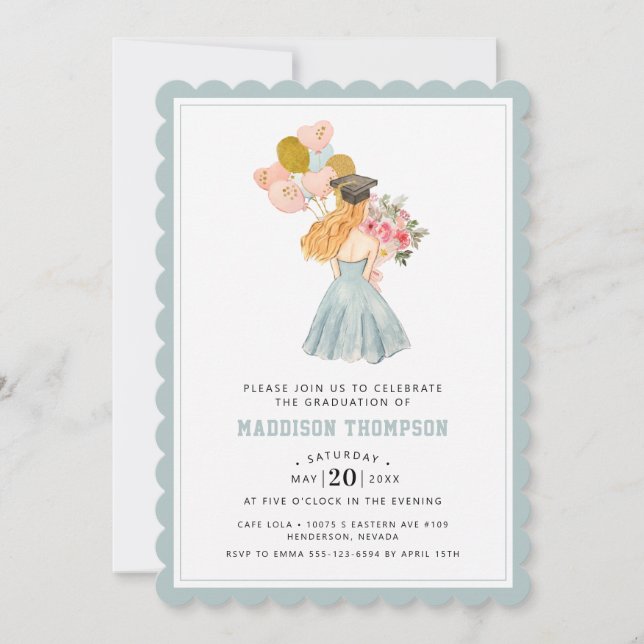 Invitación Graduación de color de agua dulce Chica rubio (Anverso)