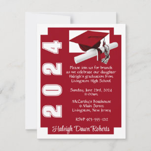Invitación Graduación de color rojo y blanco en bloque de esq