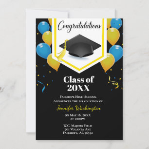 Invitación Graduación de confeti azul amarillo y negro