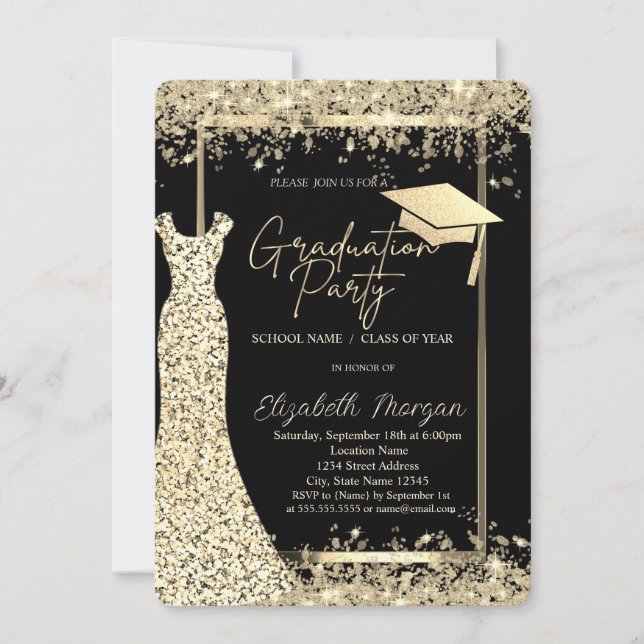Invitación Graduación de Confetti de oro con vestido de purpu (Anverso)