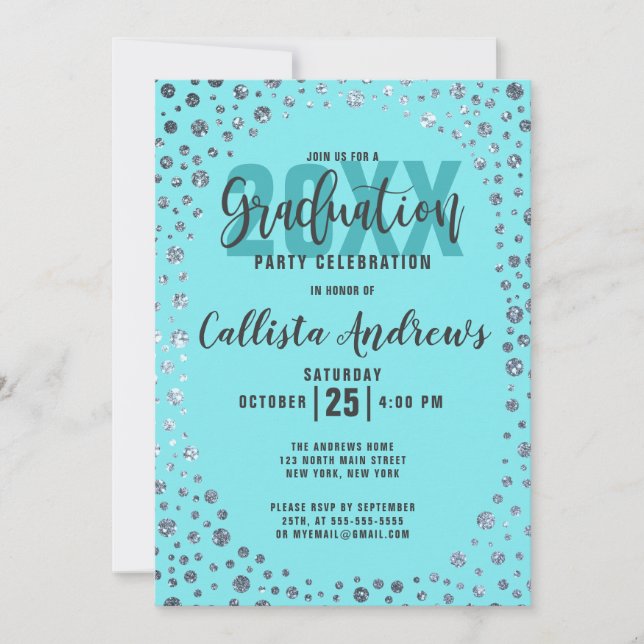 Invitación Graduación de Confetti, Purpurina de Plata Verde a (Anverso)