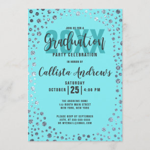 Invitación Graduación de Confetti, Purpurina de Plata Verde a