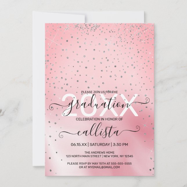 Invitación Graduación de Confetti Purpurina Princesa de Plata (Anverso)
