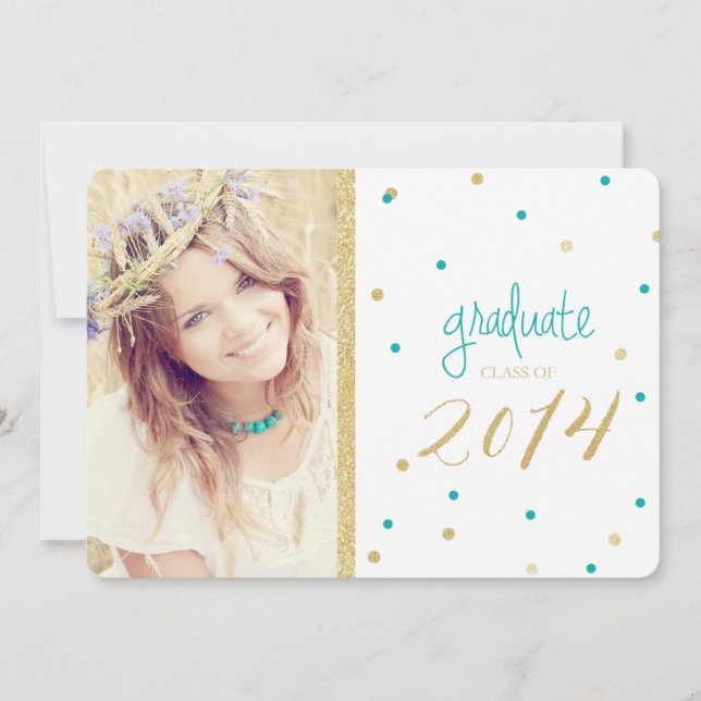 Invitación Graduación de Confetti Purpurina Turquesa y Oro (Anverso)