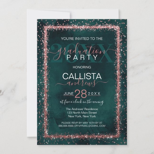 Invitación Graduación de Confetti rota con oro Rosa esmeralda (Anverso)
