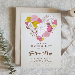 Invitación Graduación de corazón floral rosa y amarillo vinta