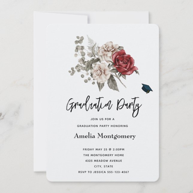 Invitación Graduación de Cream & Red Rose Boho Floral Bouquet (Anverso)