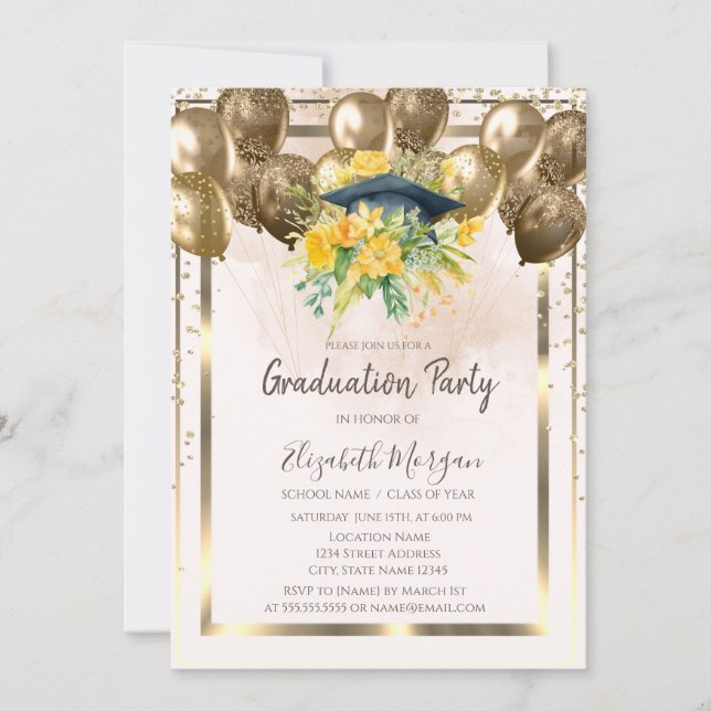 Invitación Graduación de crema de tira floral de Diamonds (Anverso)