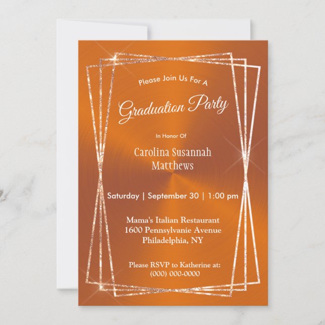 Invitación Graduación de cuadro Purpurina Naranja moderna (Anverso)