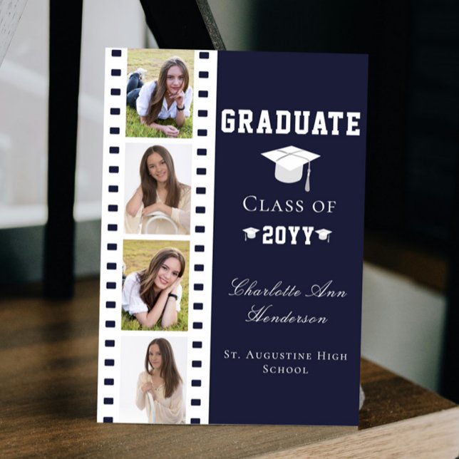 Invitación Graduación de cuatro Collages de fotos | Azul (Blue Filmstrip Four Photo Collage Graduation Announcement Invitation)