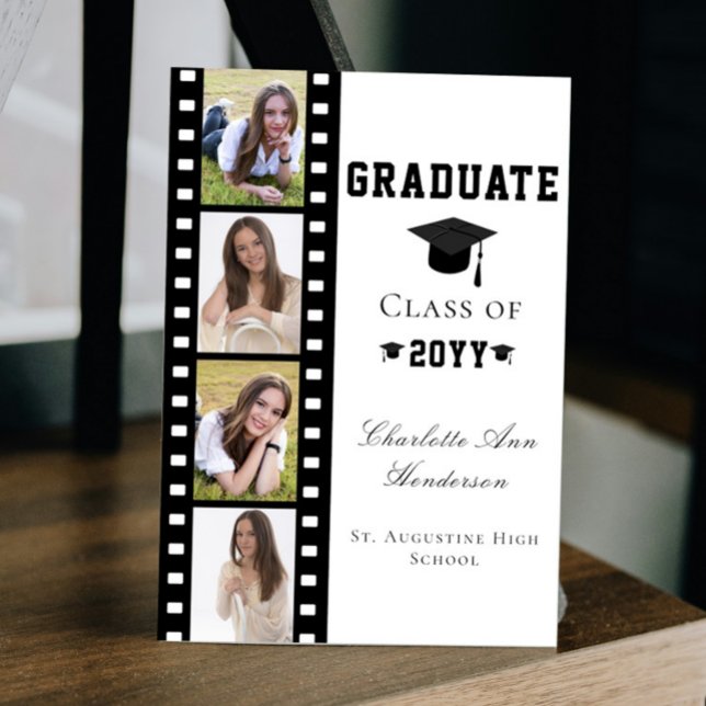Invitación Graduación de cuatro Collages de fotos | Blanca (White Filmstrip Four Photo Collage Graduation Announcement Invitation)