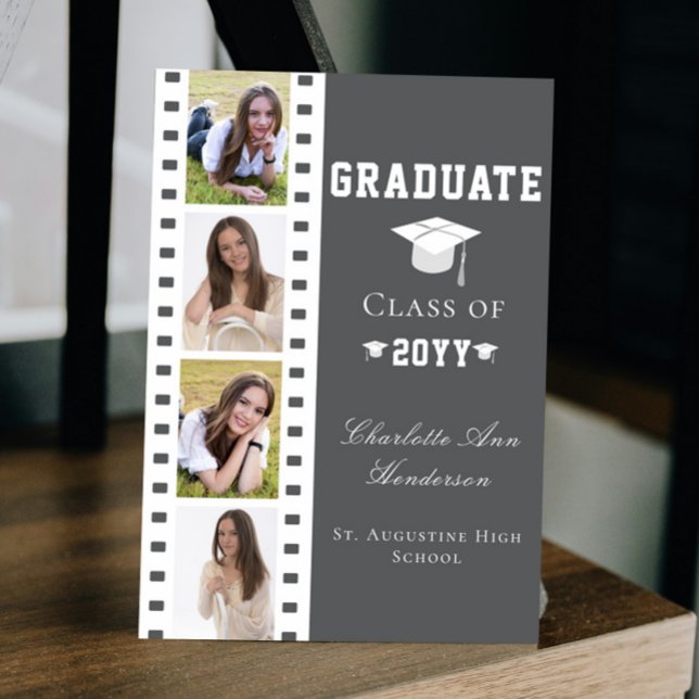 Invitación Graduación de cuatro Collages de fotos | Gris (Gray Filmstrip Four Photo Collage Graduation Announcement Invitation)