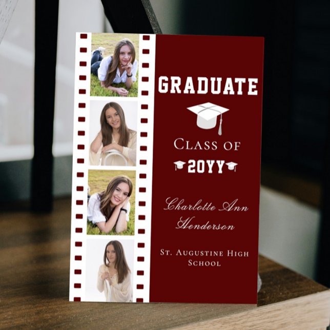 Invitación Graduación de cuatro Collages de fotos | Roja (Red Filmstrip Four Photo Collage Graduation Announcement Invitation)