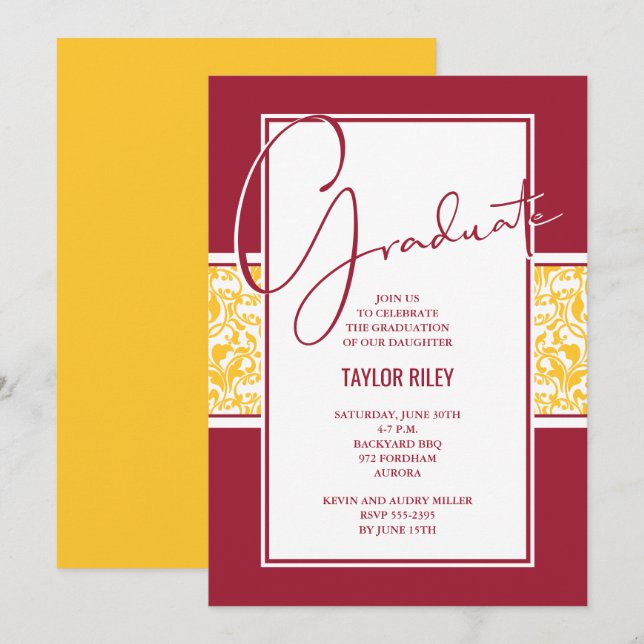 Invitación Graduación de Damasco Amarillo y Crimson (Anverso / Reverso)