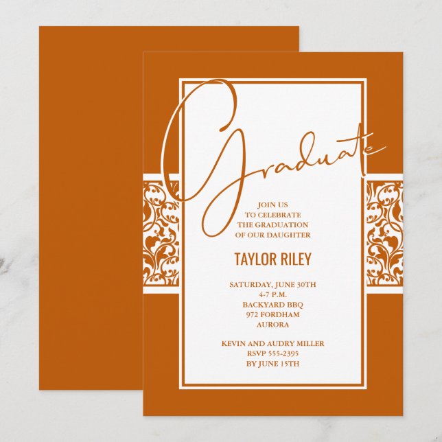 Invitación Graduación de Damasco Blanco Naranja quemado (Anverso / Reverso)