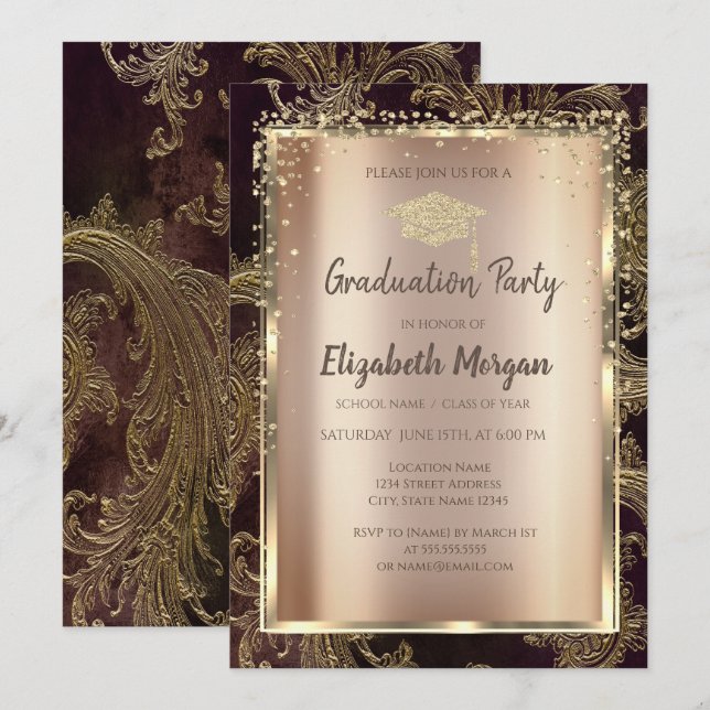 Invitación Graduación de damasco floral de diamantes de oro (Anverso / Reverso)