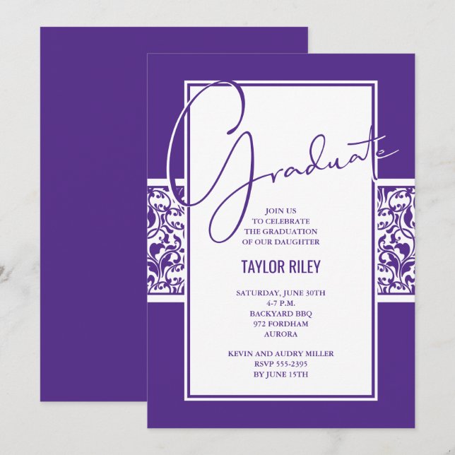 Invitación Graduación de Damasco morado y blanco (Anverso / Reverso)
