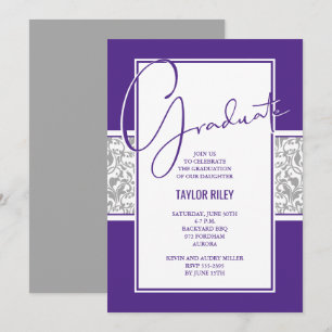 Invitación Graduación de Damasco morado y gris