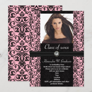 Invitación Graduación de Damasco negro y rosa claro elaborada