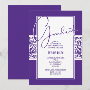 Invitación Graduación de Damasco Purpura y Blanco