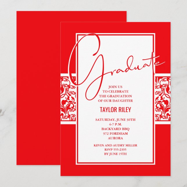 Invitación Graduación de Damasco rojo y blanco (Anverso / Reverso)