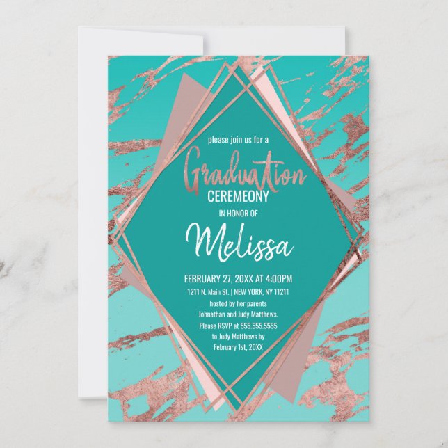 Invitación Graduación de Diamante de Mármol Verde Verde azula (Anverso)