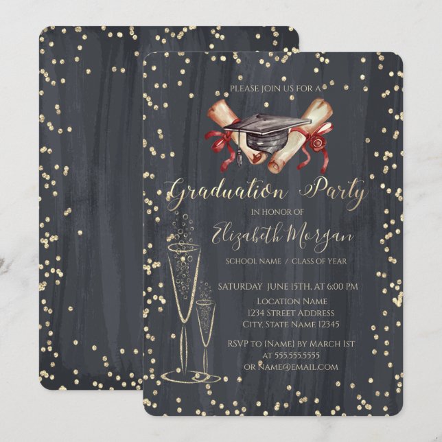 Invitación Graduación de Diamantes de Vidrio de Diploma (Anverso / Reverso)