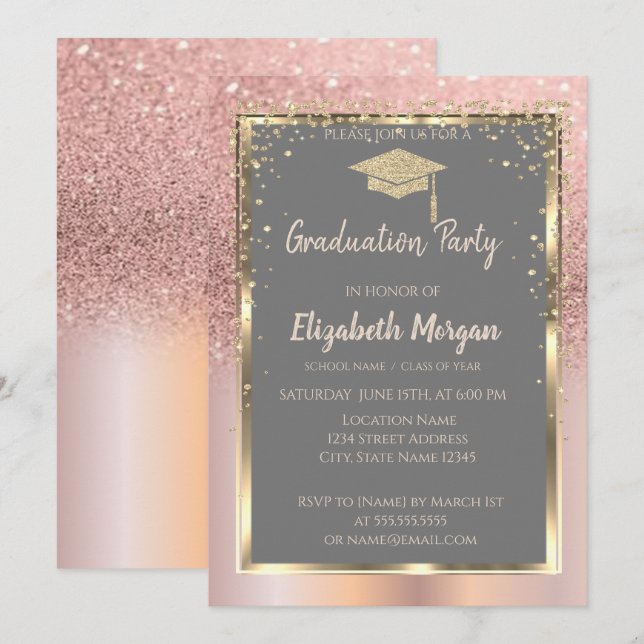 Invitación Graduación de diamantes Rosa Purpurina de oro (Anverso / Reverso)