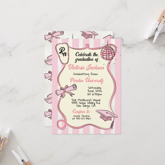 Invitación Graduación de Discoteca RN de medicina rosa dibuja (Anverso/Reverso In Situ)
