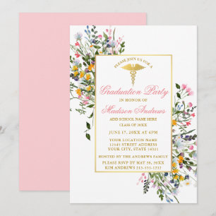 Invitación Graduación de enfermera de oro rosa de flores silv