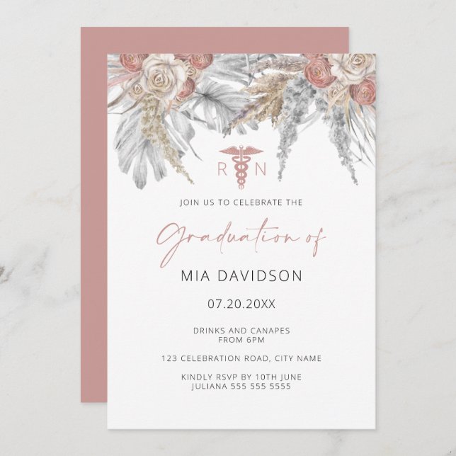 Invitación Graduación de enfermera Fiesta de grado de floral  (Anverso / Reverso)