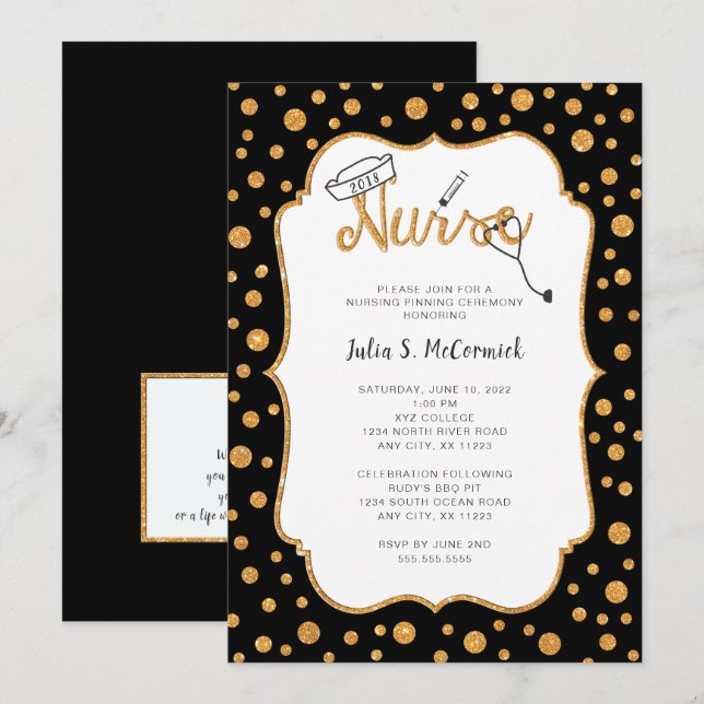 Invitación Graduación de enfermera, oro falso + cambias de co (Anverso / Reverso)
