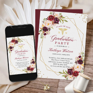 Invitación Graduación de Enfermera Registrada con Floral Rojo