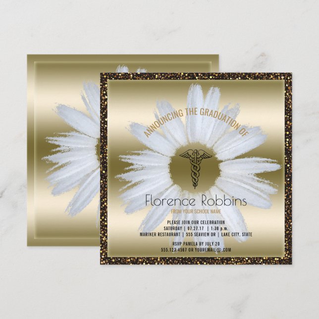 Invitación Graduación de enfermera RN| Ceremonia Gold Daisy P (Anverso / Reverso)
