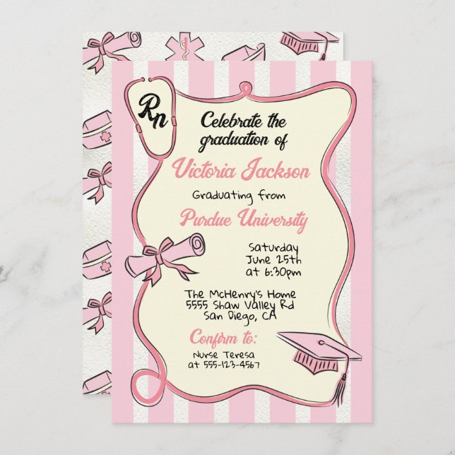 Invitación Graduación de enfermera RN de medicina rosa dibuja (Anverso / Reverso)