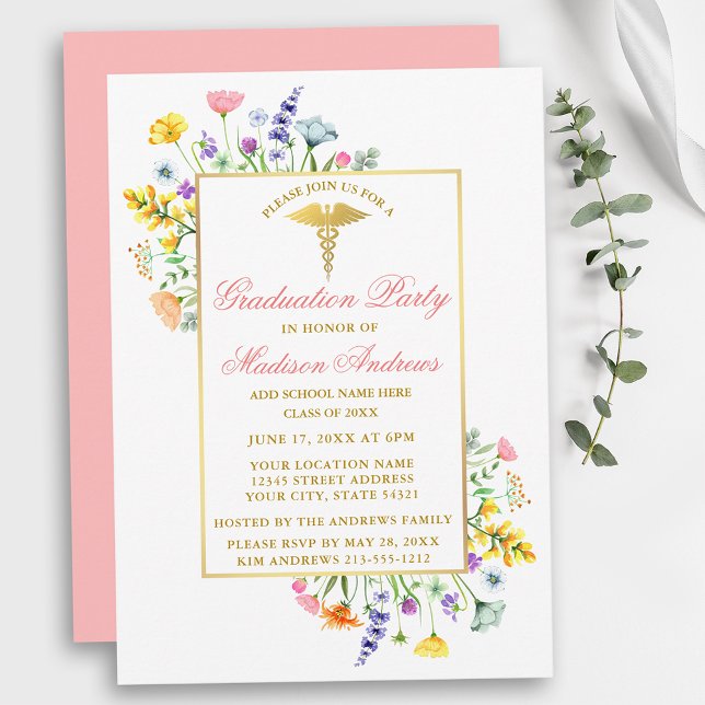 Invitación Graduación de enfermera rosa dorada de flores silv (Customize to change text size, color, text style or to change color of back of card.)