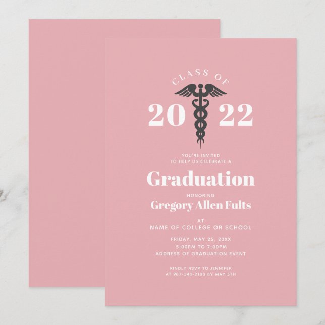 Invitación Graduación de enfermeras 2022 Rubor Pink Caduceus (Anverso / Reverso)