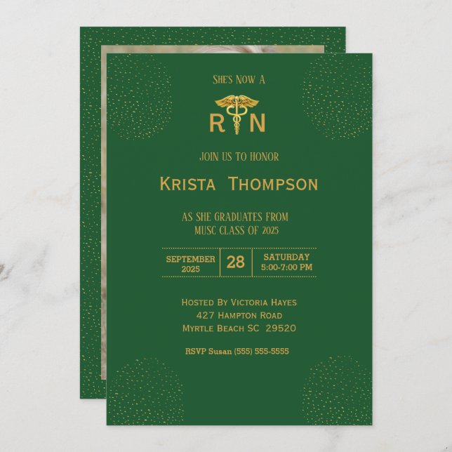 Invitación Graduación de Enfermeras con licencia de Oro Verde (Anverso / Reverso)