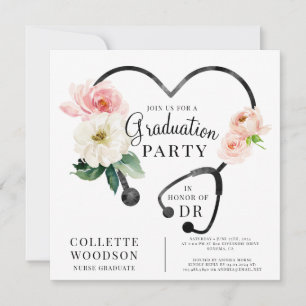 Invitación Graduación de enfermeras de estetioscopio floral a