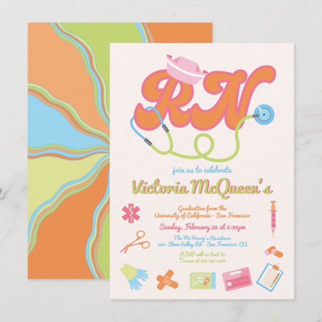 Invitación Graduación de enfermería de los años 70 del Retro  (Anverso / Reverso)