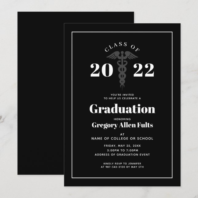 Invitación Graduación de Enfermería Masculina Médica Negra y  (Anverso / Reverso)