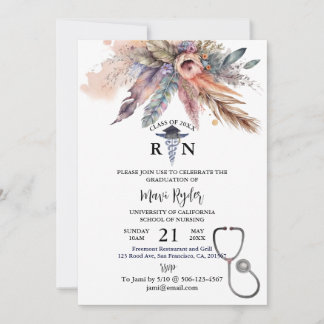Invitación Graduación de Enfermería personalizada Boho FIoral