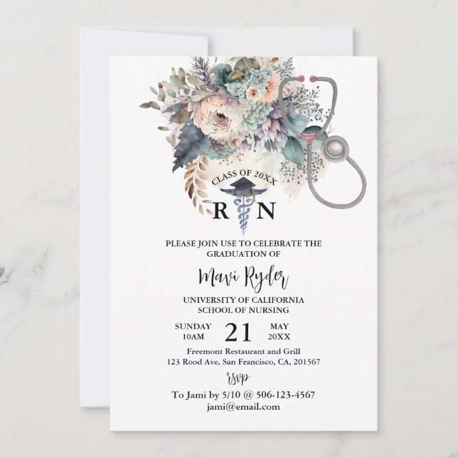 Invitación Graduación de Enfermería personalizada Boho FIoral (Anverso)