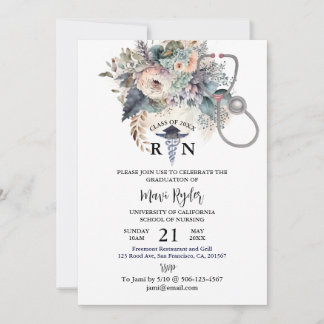 Invitación Graduación de Enfermería personalizada Boho FIoral