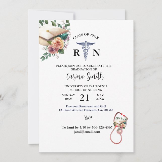 Invitación Graduación de Enfermería personalizada Floral míni (Anverso)