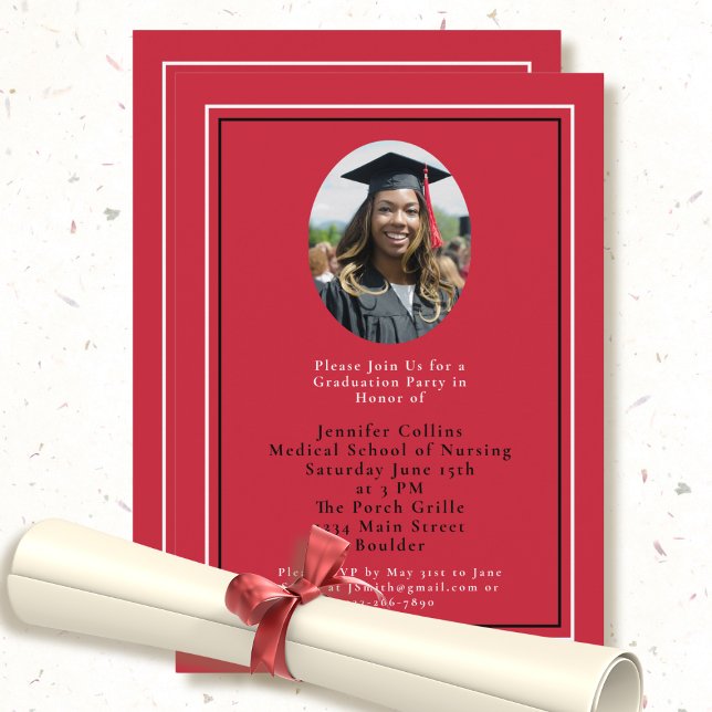 Invitación Graduación de enfermería Red Black Gold Minimal Fo (Subido por el creador)