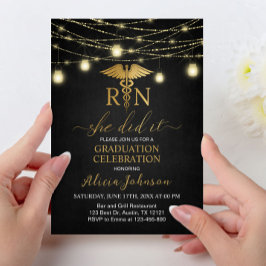 Invitación Graduación de Enfermería RN Black and Gold Lights