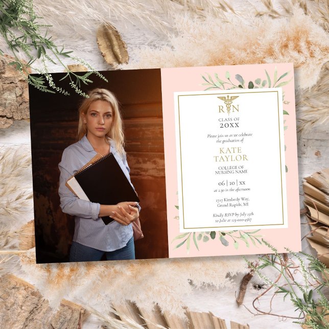 Invitación Graduación de Enfermería RN Foto de Rubor Foliage  (RN Nursing Graduation Blush Pink Foliage Photo Invitation)