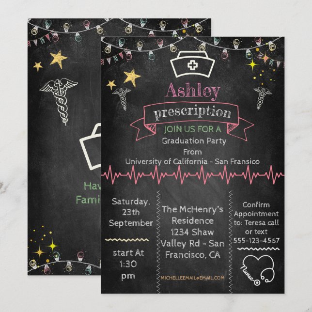 Invitación Graduación de enfermero de Chalkboard (Anverso / Reverso)
