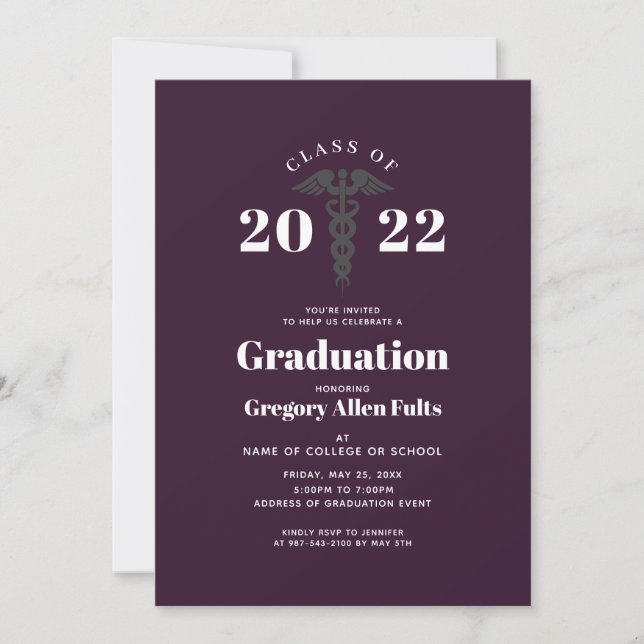 Invitación Graduación de enfermero púrpura 2022 Licenciado en (Anverso)